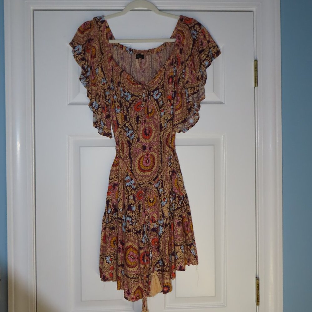 Rachel Zoe Print Dress Boho Festival Tassels Flutter Sleeve Peasant Flowy Large?